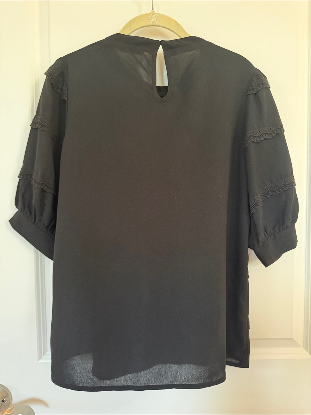 Grace Karin Black Lace-Trim Tiered Puff Sleeve Blouse - Picture 6 of 7